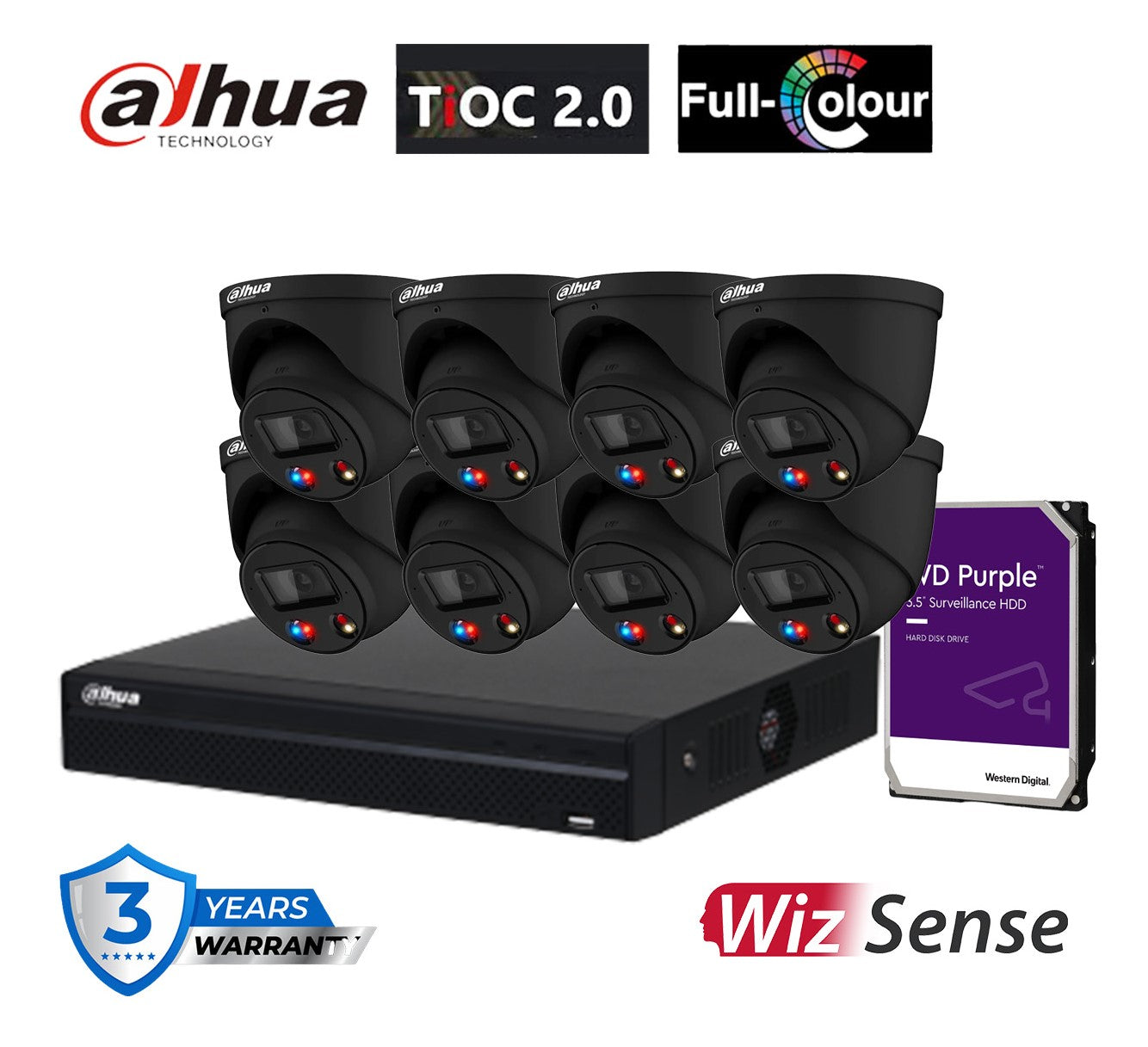 Dahua AI TiOC 8x 6MP CCTV Cameras (Black) DH-IPC-HDW3649H-AS-PV-ANZ, 8CH WizSense NVR Kit