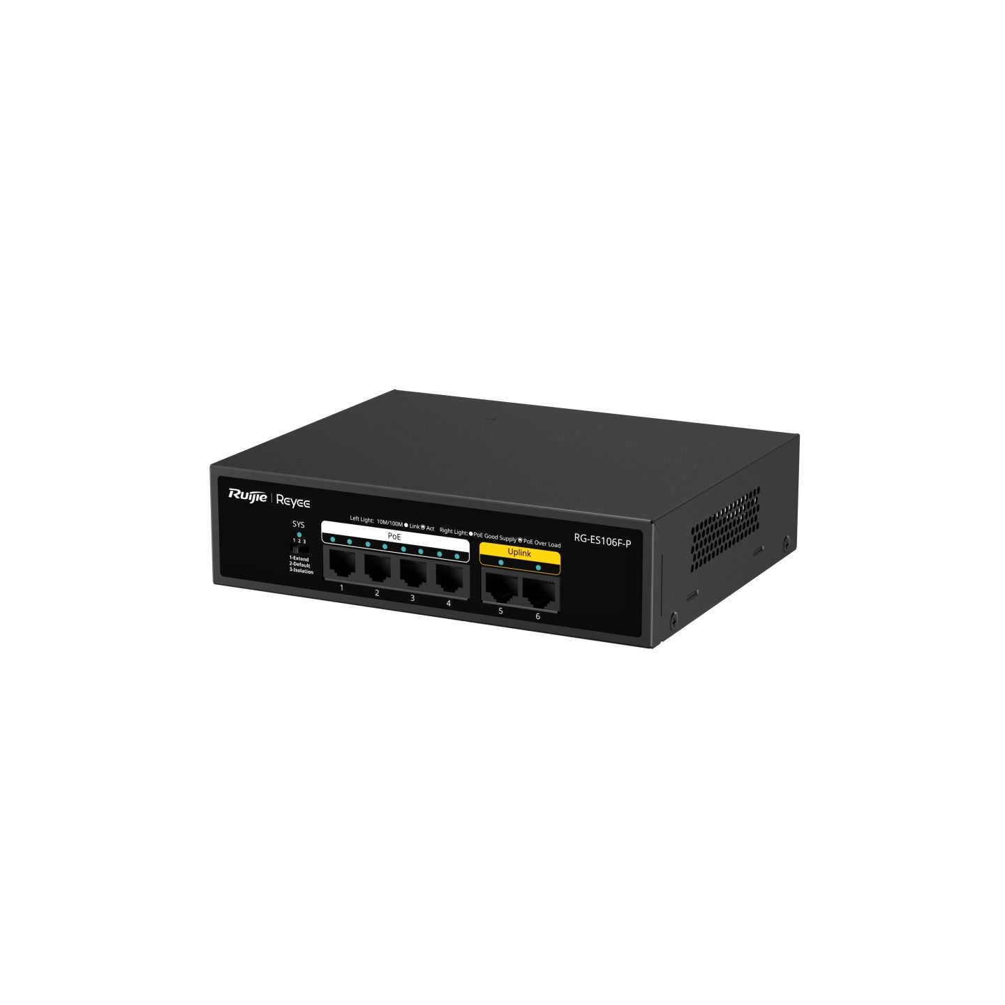 RG-ES106F-P 6-Port 10/100 Mbps Unmanaged PoE Switch – 4 PoE+ Ports, Fanless, Ideal for Surveillance & Small Office Networking