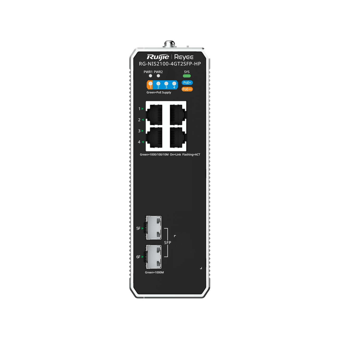RG-NIS2100-4GT2SFP-HP 6-Port Cloud Managed Industrial Switch – 1 PoE++ Port, 3 PoE+ Ports, 2 SFP Uplinks, 90W PoE Output, Industrial-Grade