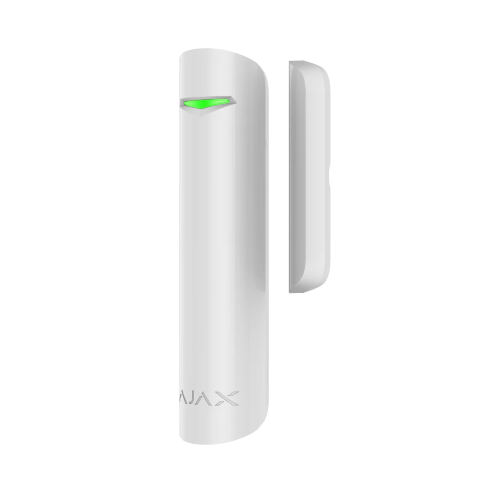 Ajax DoorProtect Jeweller wireless door and window sensor with magnetic reed switch in white or black, alarm part for security.