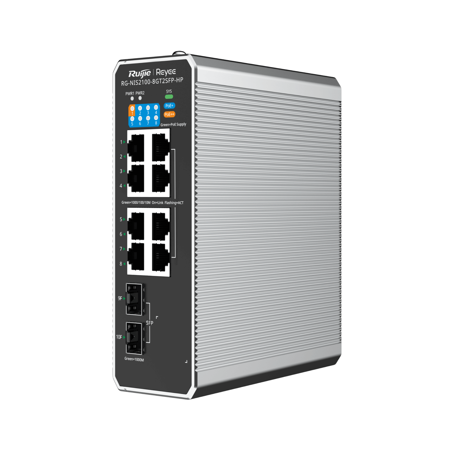 RG-NIS2100-8GT2SFP-HP 10-Port Cloud Managed Industrial Switch – 1 PoE++ Port, 7 PoE+ Ports, 2 SFP Uplinks, 90W PoE Output, Industrial-Grade