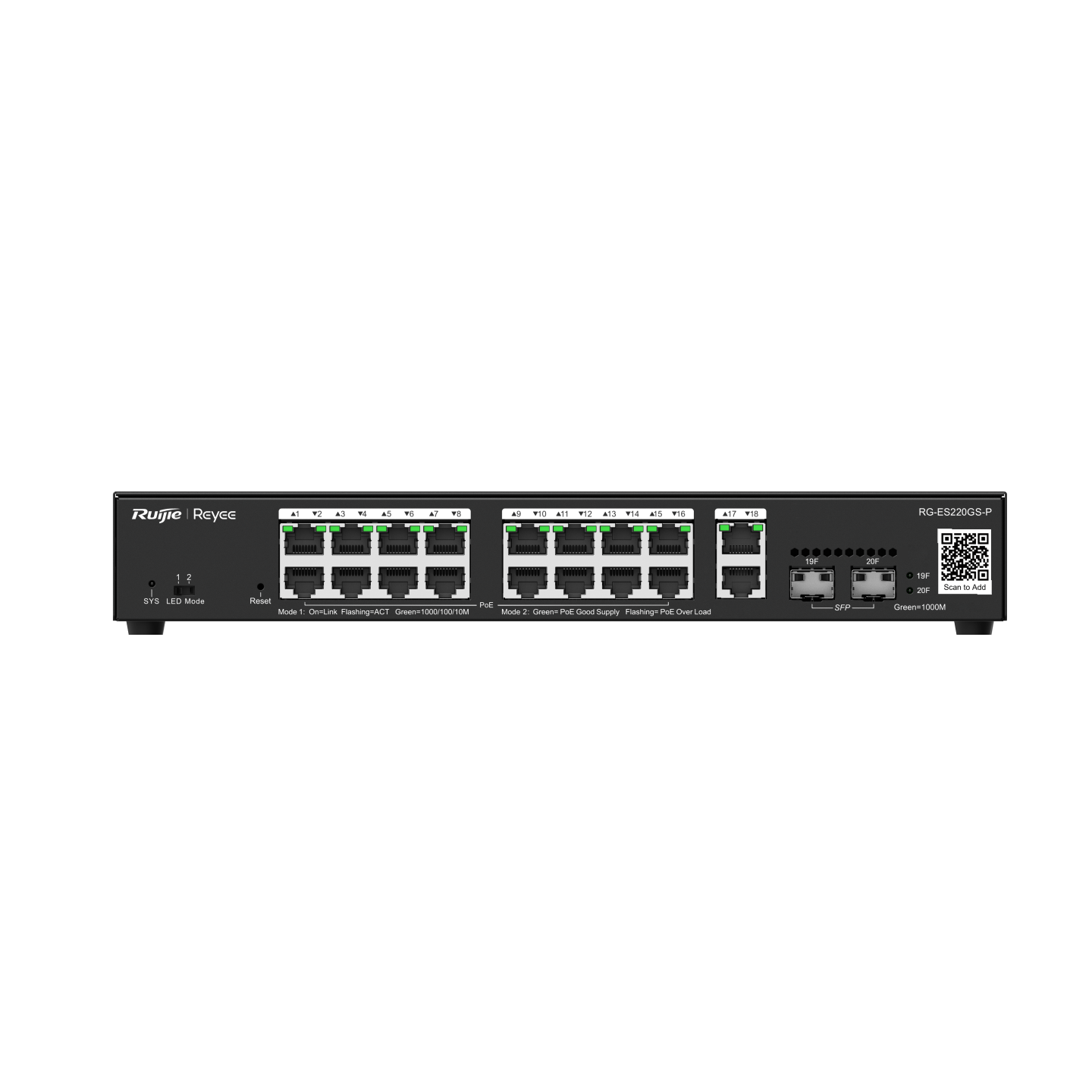 RG-ES220GS-P 20-Port Gigabit Smart Cloud Managed PoE Switch – 16 PoE+ Ports, 2 RJ45 Uplinks, 2 SFP Ports, Fan-Controlled