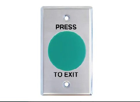Exit Switch, Switch plate, Wall, Labelled "Press to Exit", Stainless steel, With green mushroom head push button, N/O and N/C contacts
