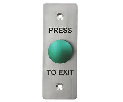 Exit switch, Switch plate, Wall, Labelled "Press to Exit", Architrave, Stainless steel, With green low profile mushroom head push button, N/O and N/C contacts, 22mm Dia Hole