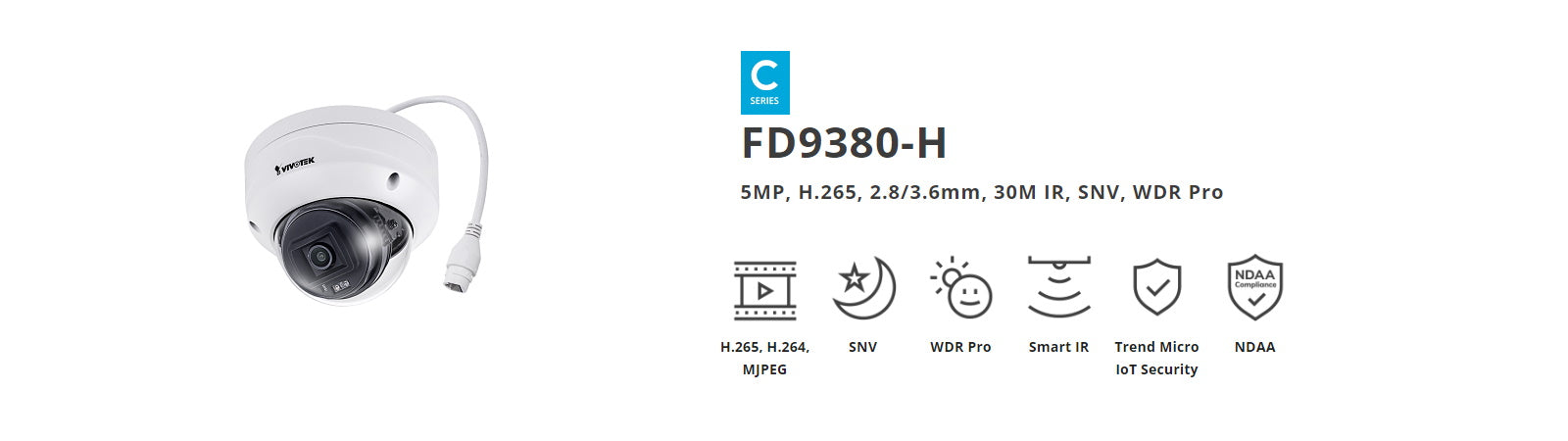 VIVOTEK FD9380-H 5MP Outdoor Fixed Dome IP Camera with Smart IR, WDR Pro, H.265, SNV, IP66/IK10, PoE, 2.8mm or 3.6mm Lens Options