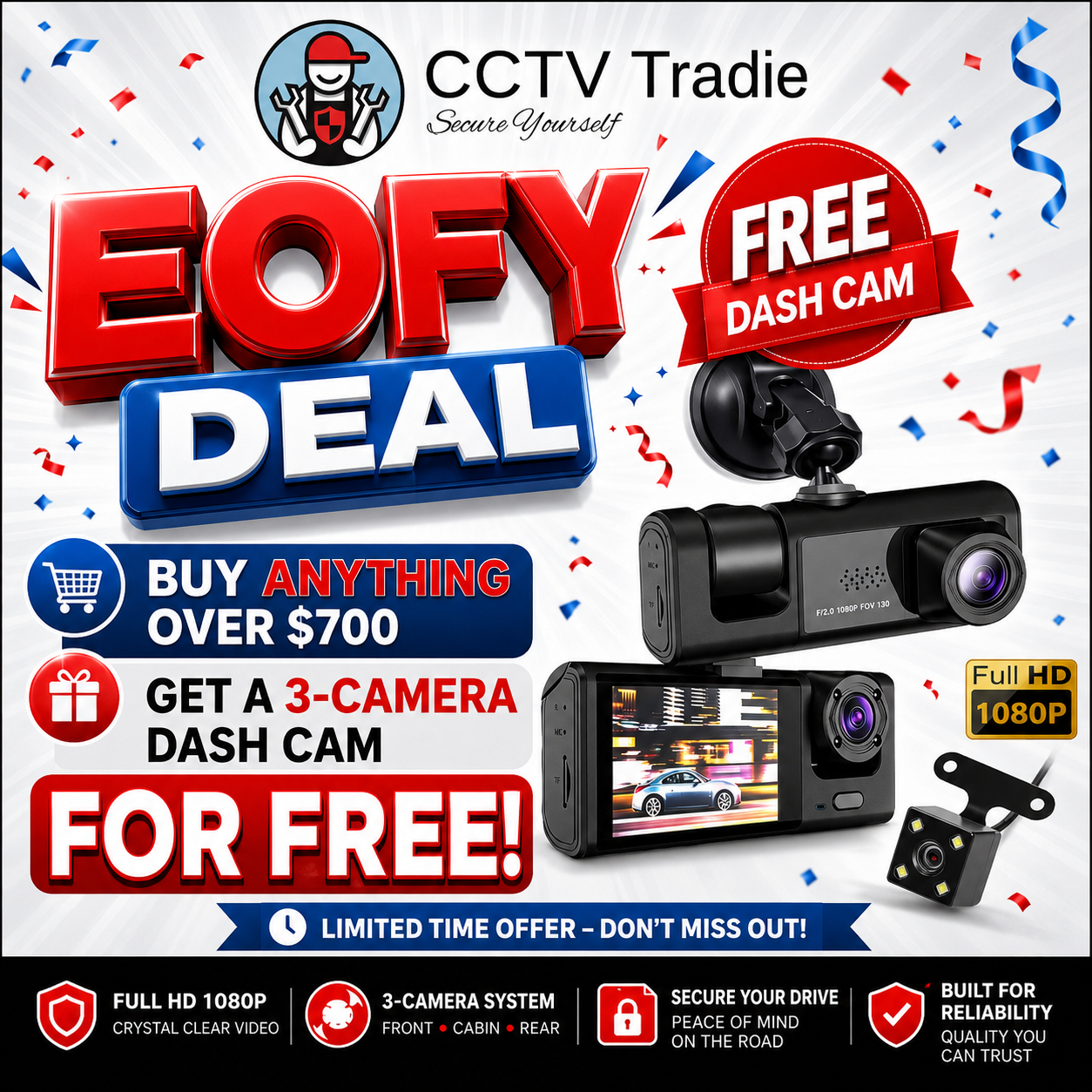 Dashcam 1290P Wi-Fi 2' display with 3 cameras (front, rear and cabin) loop recoding, G-sensor, built in audio