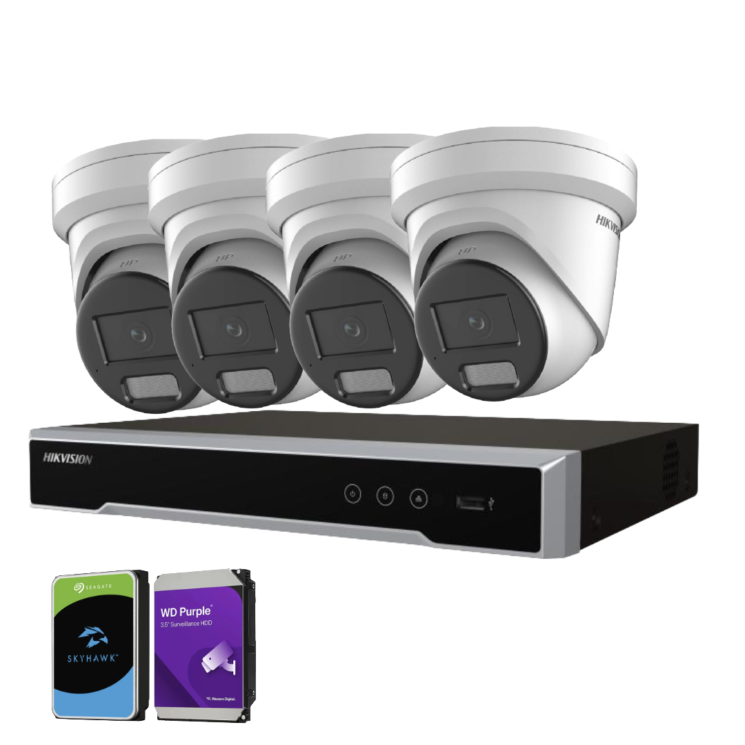 Hikvision upto x4 6MP Darkfighter AcuSense Turret Security Camera Kit + 4‑Channel PoE NVR Kit with Optional HDD | DS‑2CD2366G2H‑I(U) + DS‑7604NI‑M1/4P
