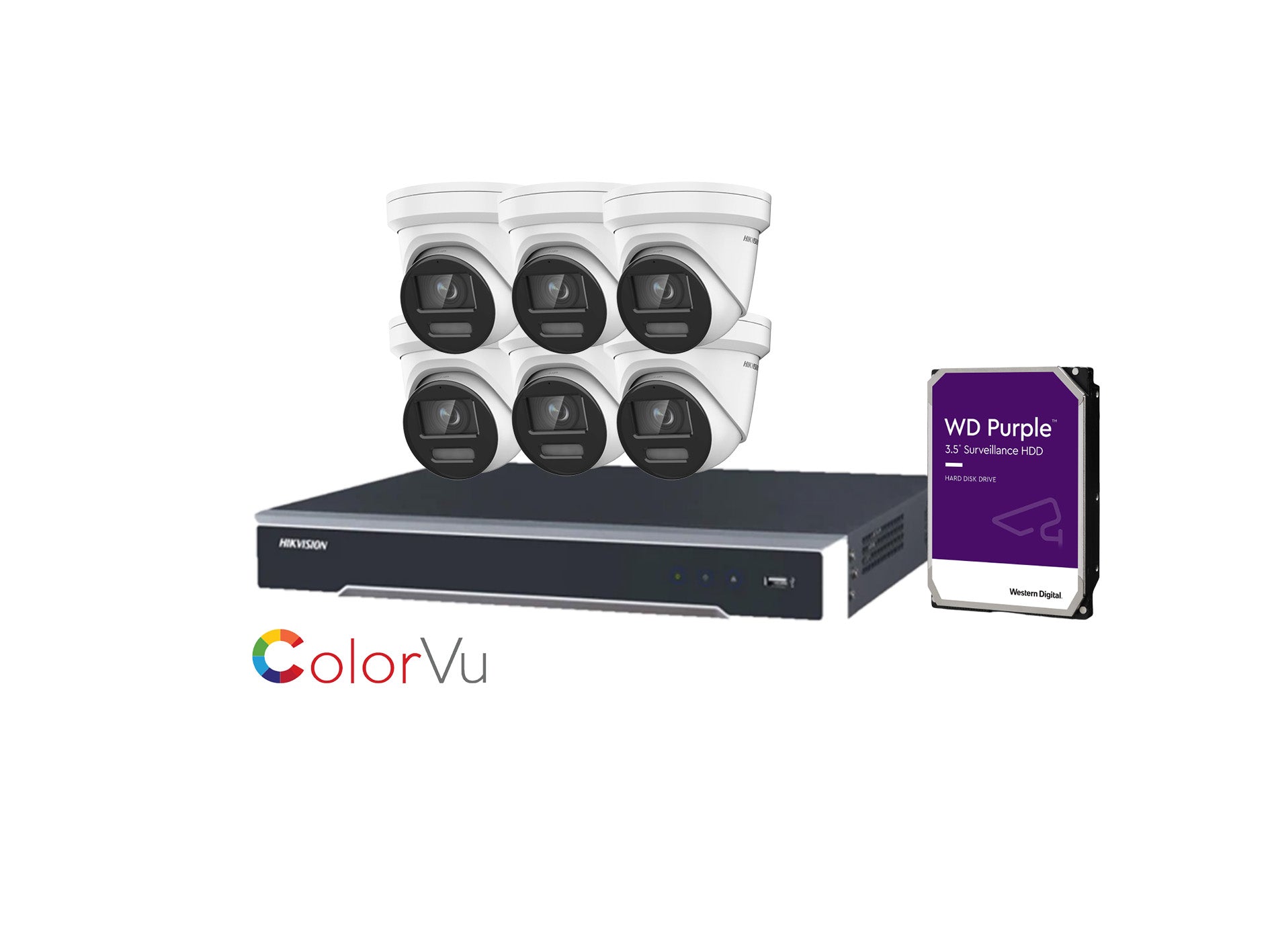 Hikvision 8MP Colorvu CCTV Kit- 6x Colorvu Turret Liveguard Cameras + 8CH M Series NVR +HDD (DS-2CD2387G2-LSU/SL)