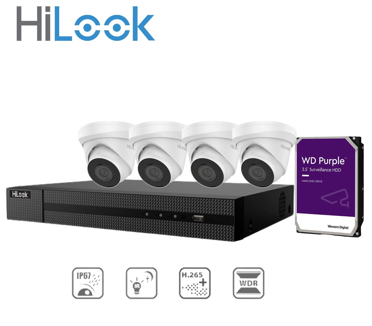 HiLook 4x 4MP 网络摄像机 IPC-T240H-MU（白色）+ Hilook 4 通道 PoE NVR 4K + WD HDD 套件