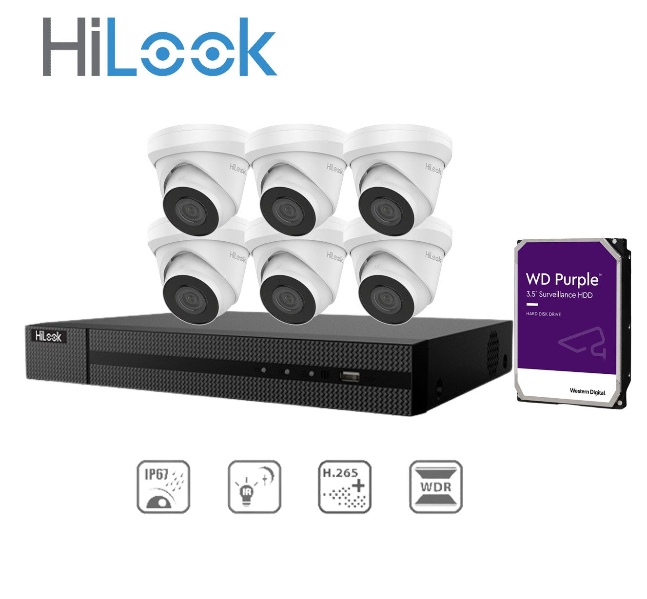 HiLook 6x 4MP IP 摄像机 IPC-T240H-MU + Hilook 8 通道 PoE NVR 4K + WD HDD 套件