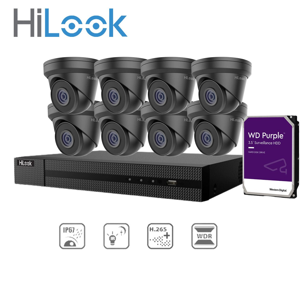 HiLook 8x 4MP IP 摄像机（黑色）IPC-T240H-MU + Hilook 8 通道 PoE NVR 4K + WD HDD 套件