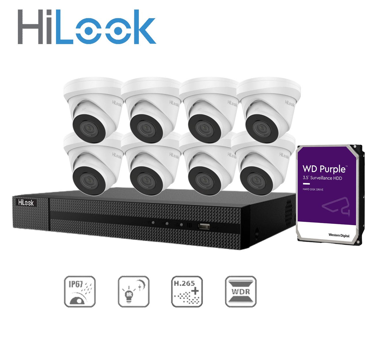 HiLook 8x 4MP IP 摄像机 IPC-T240H-MU + Hilook 8 通道 PoE NVR 4K + WD HDD 套件