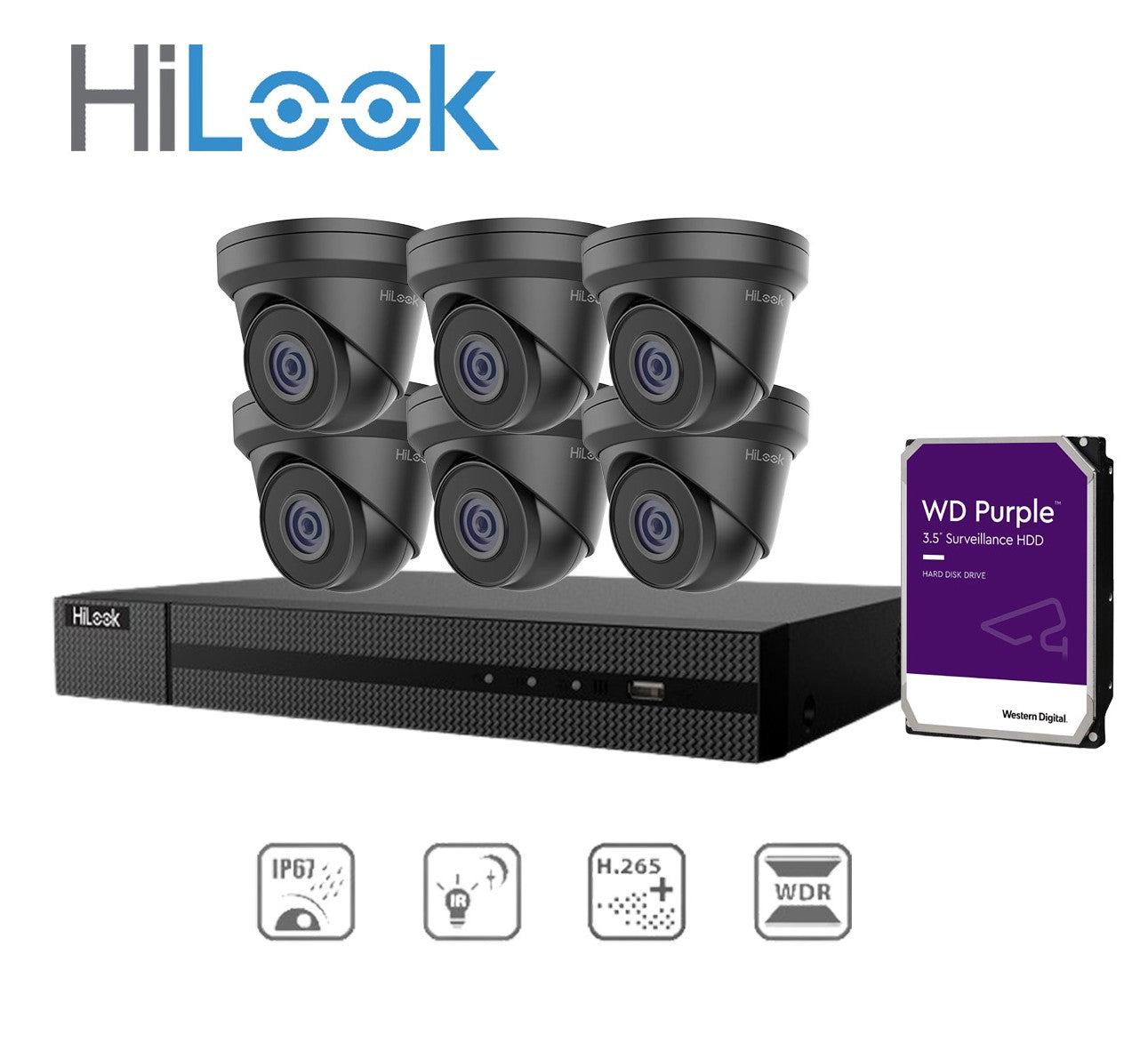 HiLook 6x 4MP ip cameras IPC-T240H-MU (Black) + Hilook 8 Channel PoE NVR 4K + WD HDD Kit