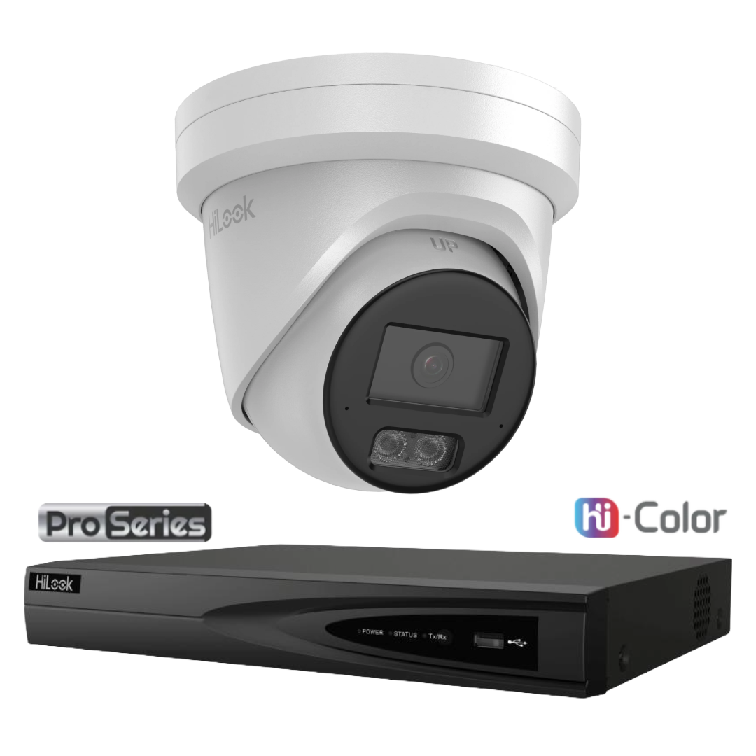 HiLook Pro Hi-Color 6MP 24/7 Colour CCTV Kit – 1 to 4 × IPC-T561H-MU AI Turret Cameras + NVR-104MH-K/4P 4-Channel PoE NVR (White/Black)