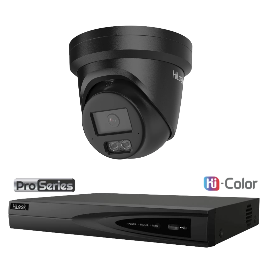 HiLook Pro Hi-Color 6MP 24/7 Colour CCTV Kit – 1 to 4 × IPC-T561H-MU AI Turret Cameras + NVR-104MH-K/4P 4-Channel PoE NVR (White/Black)