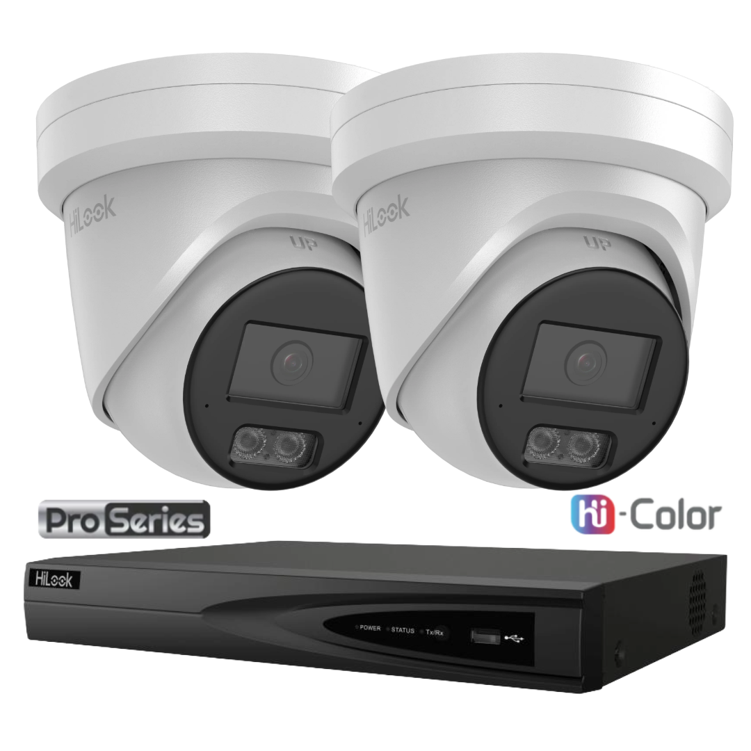 HiLook Pro Hi-Color 6MP 24/7 Colour CCTV Kit – 1 to 4 × IPC-T561H-MU AI Turret Cameras + NVR-104MH-K/4P 4-Channel PoE NVR (White/Black)