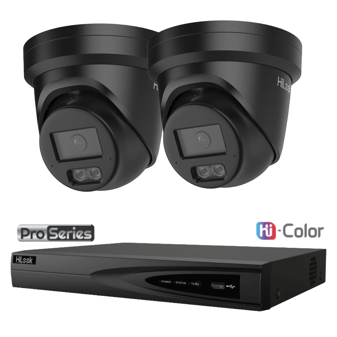 HiLook Pro Hi-Color 6MP 24/7 Colour CCTV Kit – 1 to 4 × IPC-T561H-MU AI Turret Cameras + NVR-104MH-K/4P 4-Channel PoE NVR (White/Black)