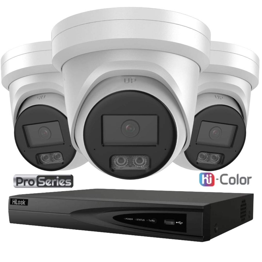 HiLook Pro Hi-Color 6MP 24/7 Colour CCTV Kit – 1 to 4 × IPC-T561H-MU AI Turret Cameras + NVR-104MH-K/4P 4-Channel PoE NVR (White/Black)