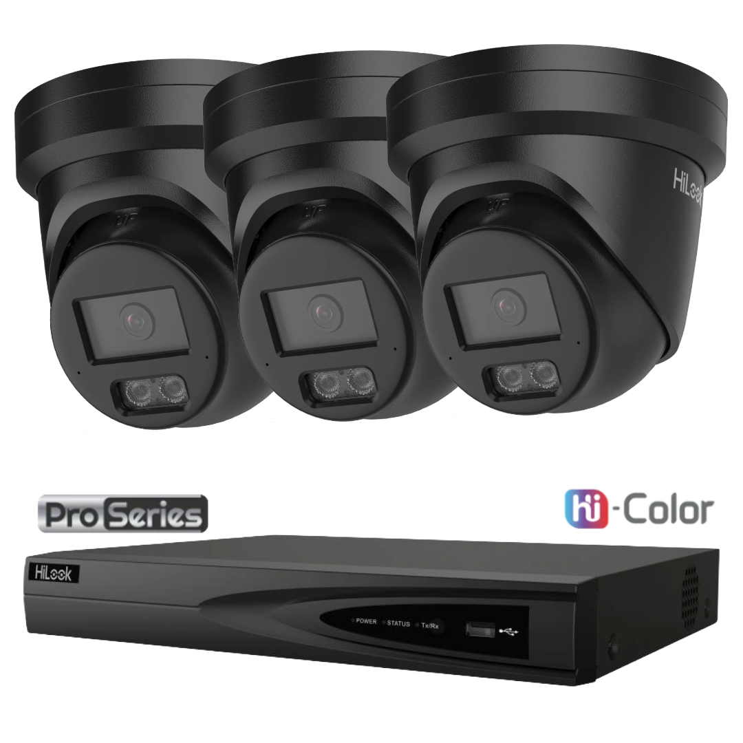 HiLook Pro Hi-Color 6MP 24/7 Colour CCTV Kit – 1 to 4 × IPC-T561H-MU AI Turret Cameras + NVR-104MH-K/4P 4-Channel PoE NVR (White/Black)