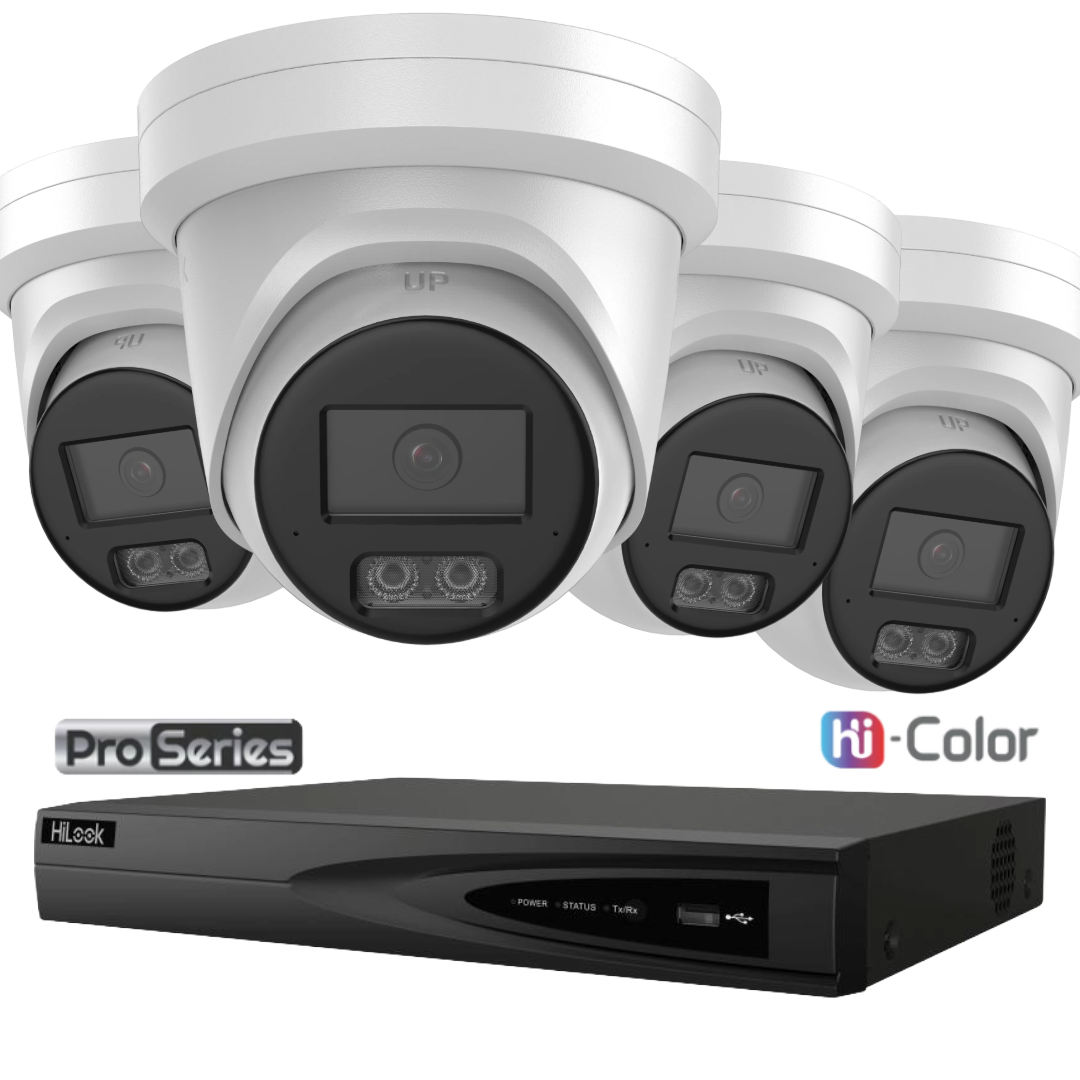 HiLook Pro Hi-Color 6MP 24/7 Colour CCTV Kit – 1 to 4 × IPC-T561H-MU AI Turret Cameras + NVR-104MH-K/4P 4-Channel PoE NVR (White/Black)