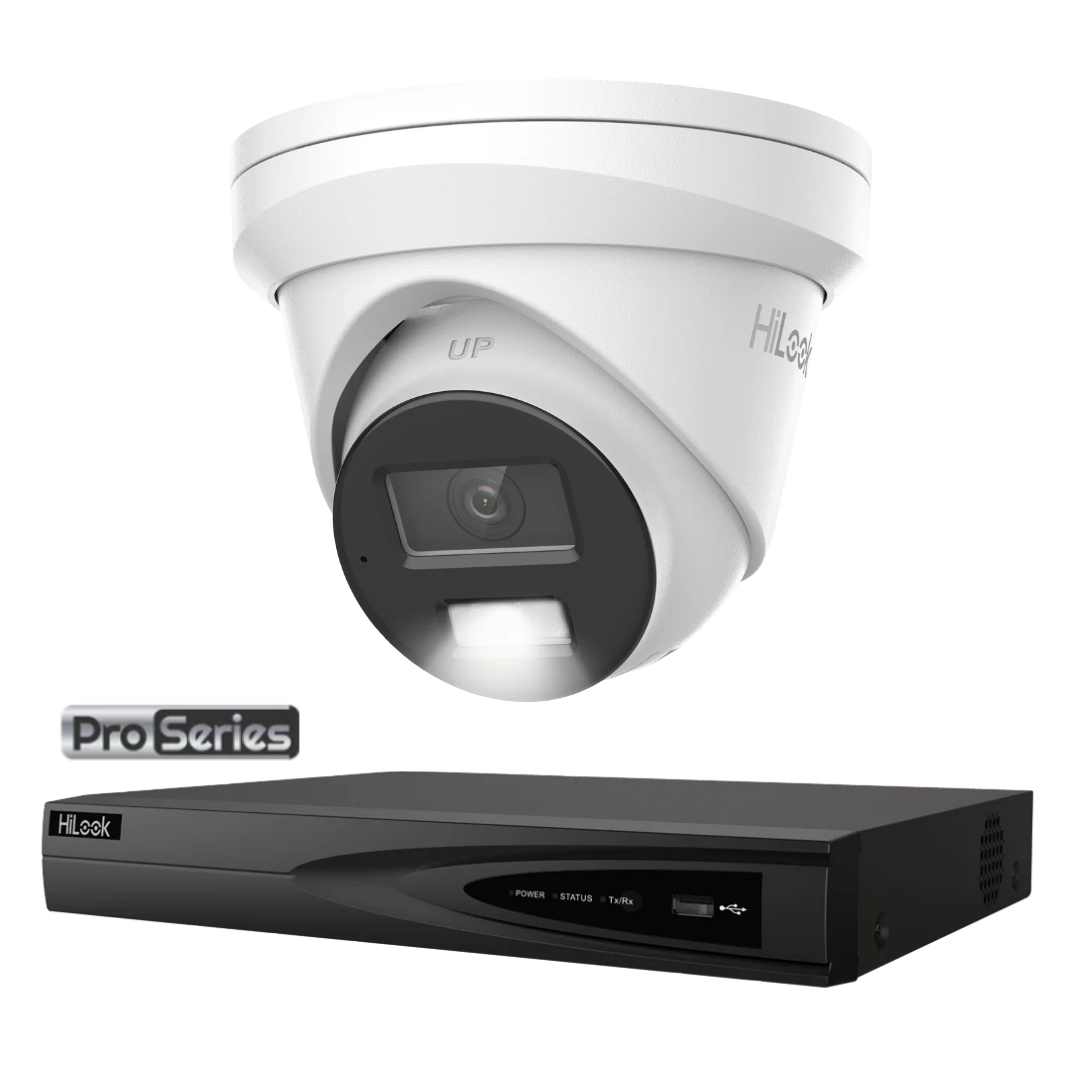 HiLook Pro Series 6MP Smart Hybrid Light Colour Night Vision CCTV Kit – 1 to 4 × IPC-T363H-MU Cameras + NVR-104MH-K/4P 4-Channel PoE 4K NVR (Black/white)