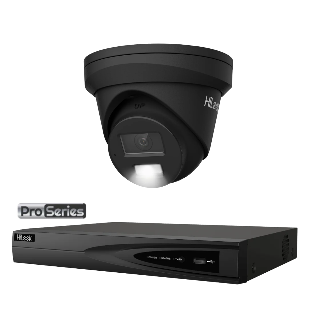 HiLook Pro Series 6MP Smart Hybrid Light Colour Night Vision CCTV Kit – 1 to 4 × IPC-T363H-MU Cameras + NVR-104MH-K/4P 4-Channel PoE 4K NVR (Black/white)