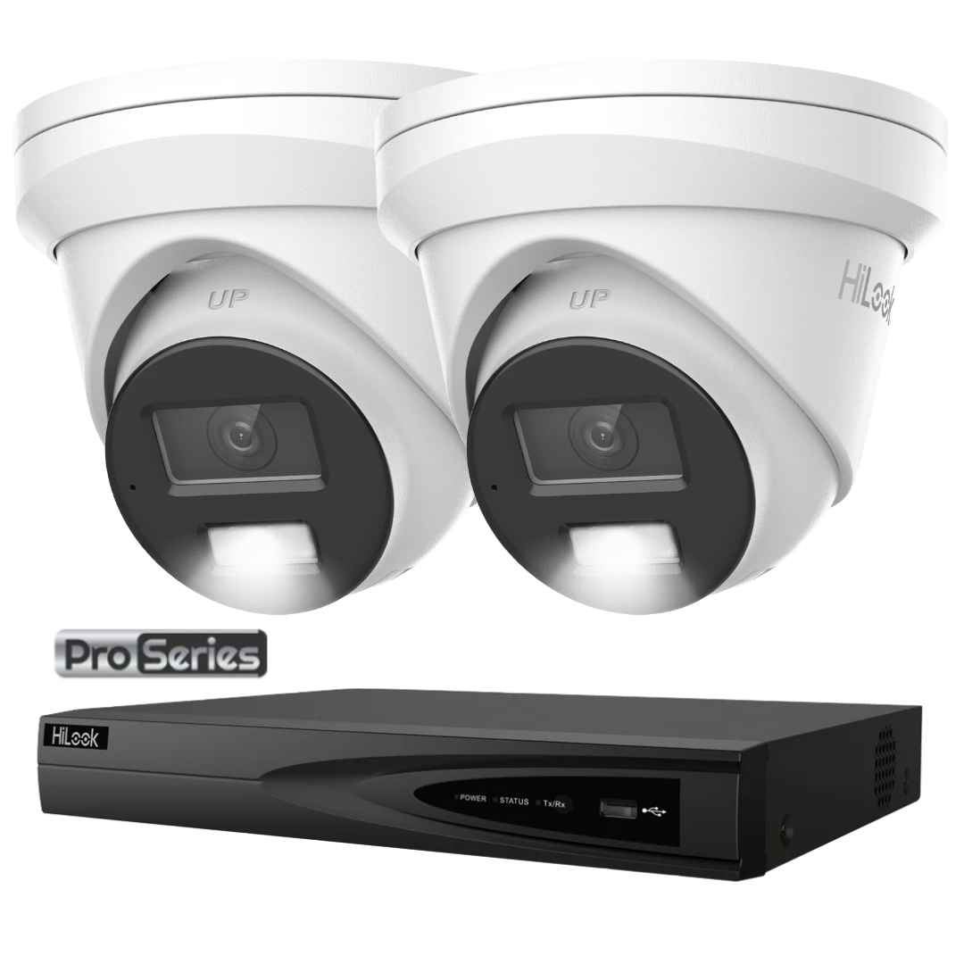 HiLook Pro Series 6MP Smart Hybrid Light Colour Night Vision CCTV Kit – 1 to 4 × IPC-T363H-MU Cameras + NVR-104MH-K/4P 4-Channel PoE 4K NVR (Black/white)