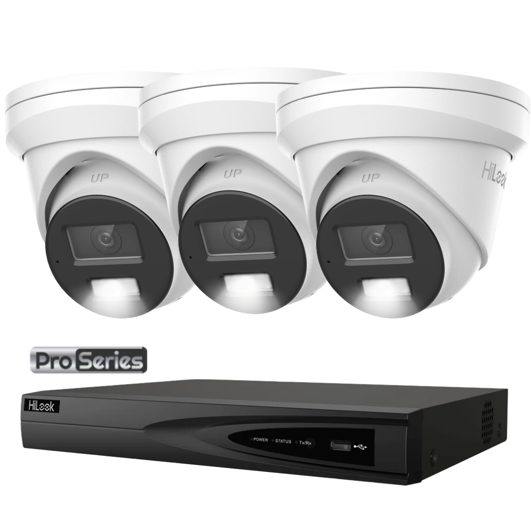 HiLook Pro Series 6MP Smart Hybrid Light Colour Night Vision CCTV Kit – 1 to 4 × IPC-T363H-MU Cameras + NVR-104MH-K/4P 4-Channel PoE 4K NVR (Black/white)