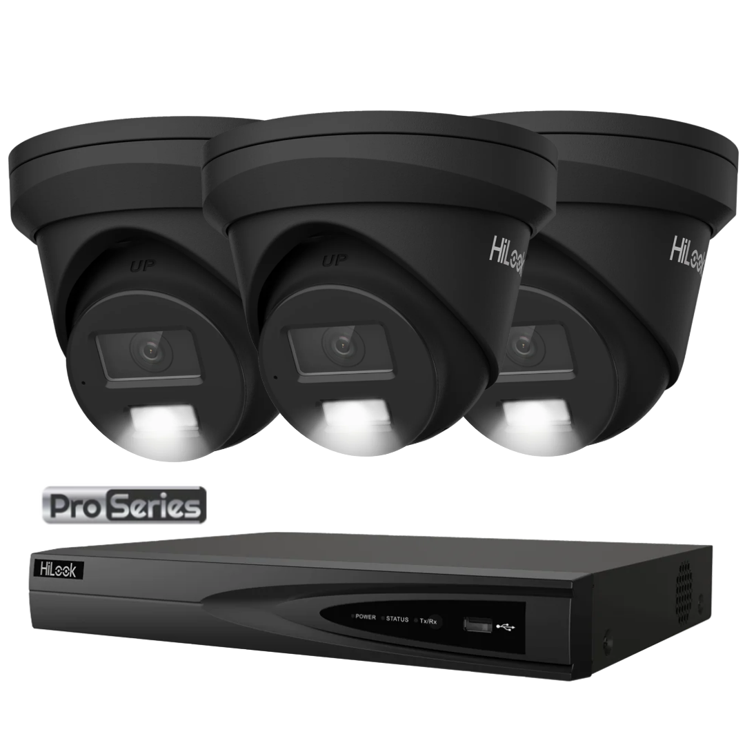 HiLook Pro Series 6MP Smart Hybrid Light Colour Night Vision CCTV Kit – 1 to 4 × IPC-T363H-MU Cameras + NVR-104MH-K/4P 4-Channel PoE 4K NVR (Black/white)