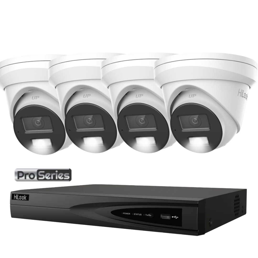 HiLook Pro Series 6MP Smart Hybrid Light Colour Night Vision CCTV Kit – 1 to 4 × IPC-T363H-MU Cameras + NVR-104MH-K/4P 4-Channel PoE 4K NVR (Black/white)