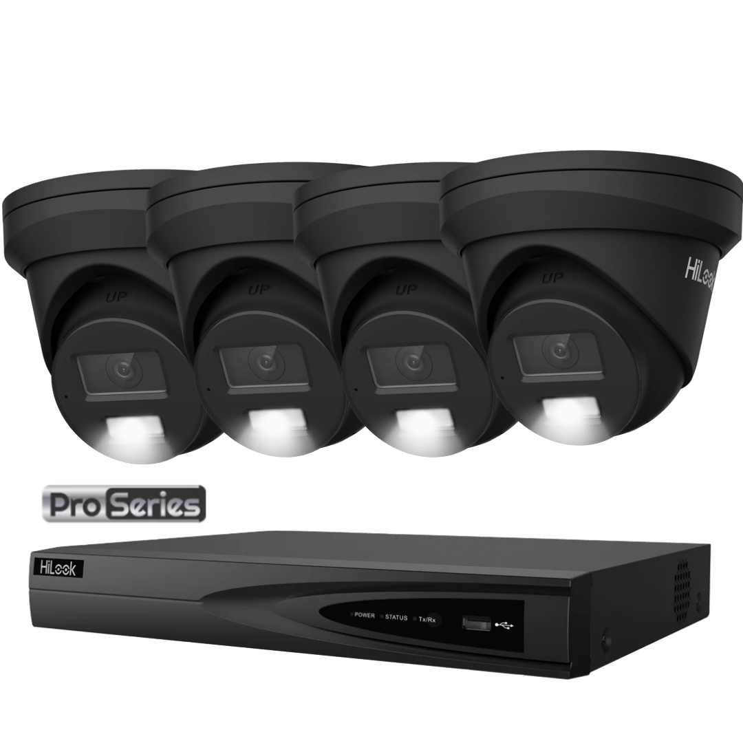 HiLook Pro Series 6MP Smart Hybrid Light Colour Night Vision CCTV Kit – 1 to 4 × IPC-T363H-MU Cameras + NVR-104MH-K/4P 4-Channel PoE 4K NVR (Black/white)