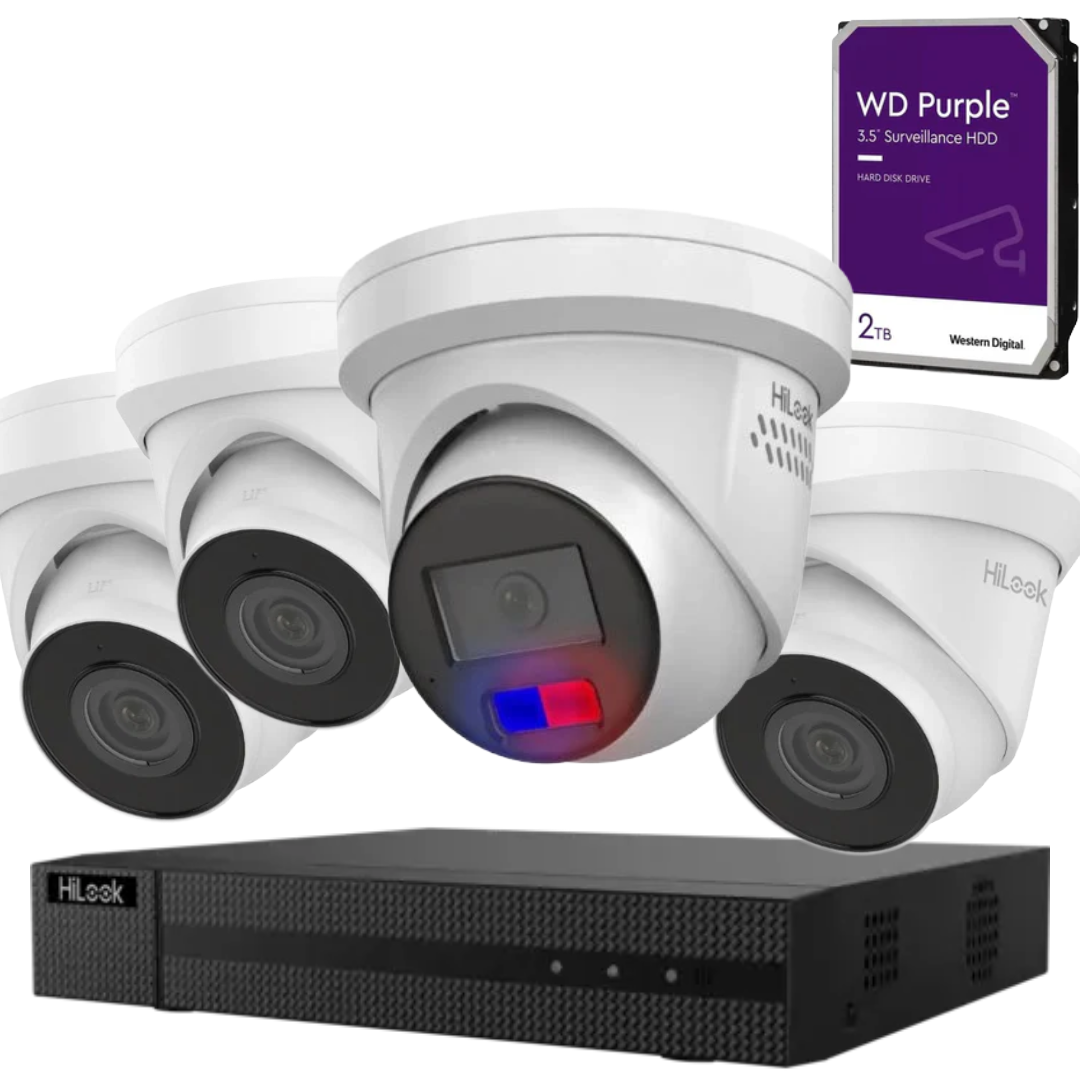 HiLook 4 Camera 4MP/6MP PoE CCTV Security Kit – 3× IPC-T240H-MU 4MP Turret Cameras + 1× IPC-T269H-MU/SL 6MP Smart Camera + NVR-104MH-C/4P(D) 4CH PoE NVR + 2TB HDD