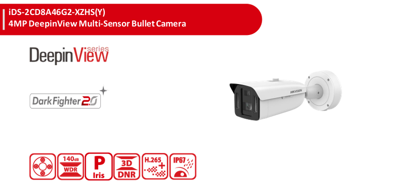 Hikvision iDS-2CD8A46G2-XZHS 4MP DeepinView Dual-Channel Multi-Sensor IP Bullet Camera – 8-32mm + 4mm Lens, LPR, DarkFighter 2.0, 140dB WDR, AI Analytics, IP67 & IK10