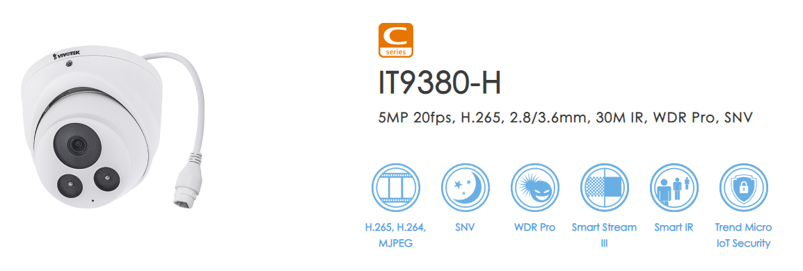 VIVOTEK IT9380-H 2.8mm 5MP Fixed Turret IP Camera – H.265, WDR Pro, 30M IR, IP66, IK10, Trend Micro Security