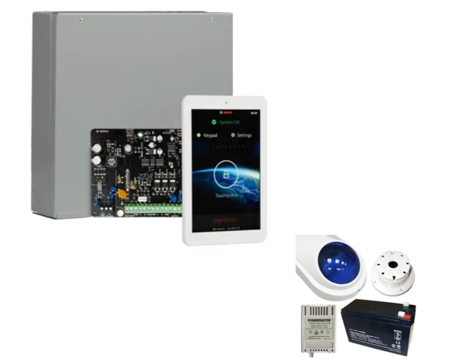Bosch Solution 4000 Alarm Kit with ICP-SOL4-P Panel, IUI-SOL-TS7 Touchscreen Keypad & MW400 Cabinet – Siren Kit Included – K4000-ND-TS7