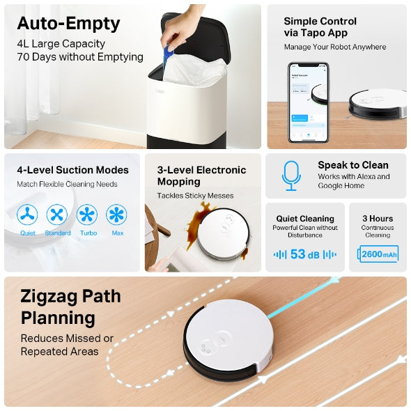 TP-Link Tapo RV10 Plus Robot Vacuum and Mop with Smart Auto-Empty Dock | 2000Pa Suction | Zigzag Path Planning | 3-Level Mopping | 3-Hour Runtime | App & Voice Control – TAPO-RV10-PLUS