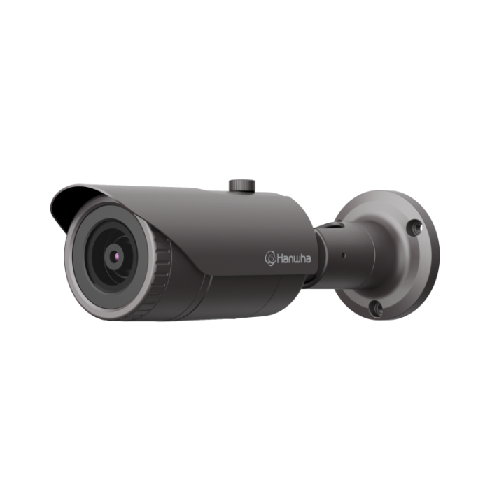 Hanwha Vision QNO-7012R 4MP IR bullet CCTV camera with 2.8mm lens, WDR, IP66, IK10, H.265, WiseStream II for outdoor security.
