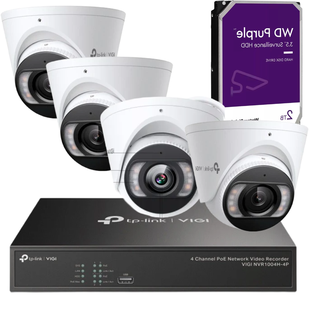 TP-Link VIGI 8MP 4K Full-Colour CCTV Kit – 4x InSight S485 Turret Cameras, NVR1004H-4P 4-Channel PoE+ NVR & 2TB Surveillance HDD
