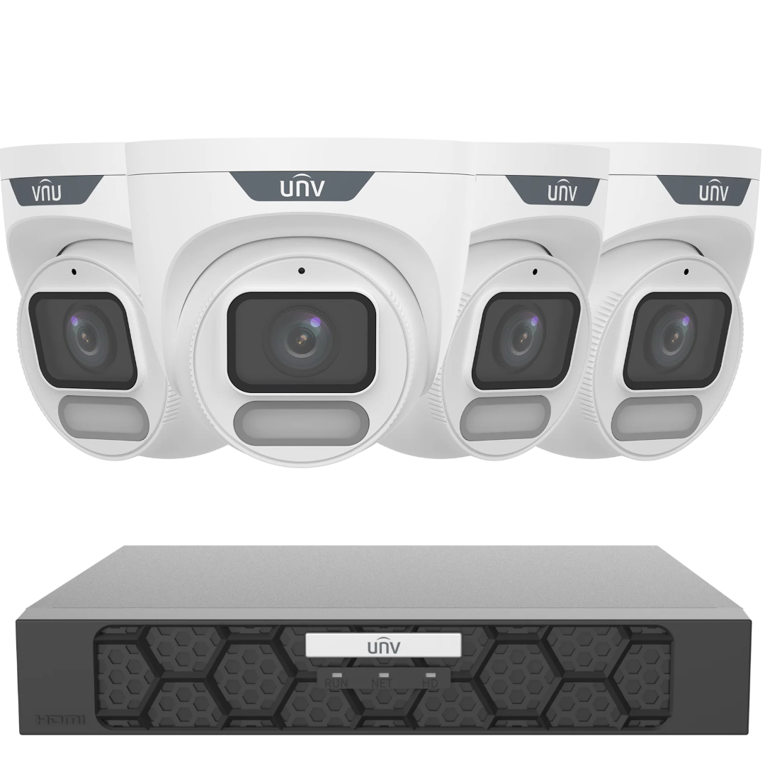 Uniview OwlView 6MP CCTV surveillance kit with four ColorHunter turret cameras and 4-channel PoE NVR system.