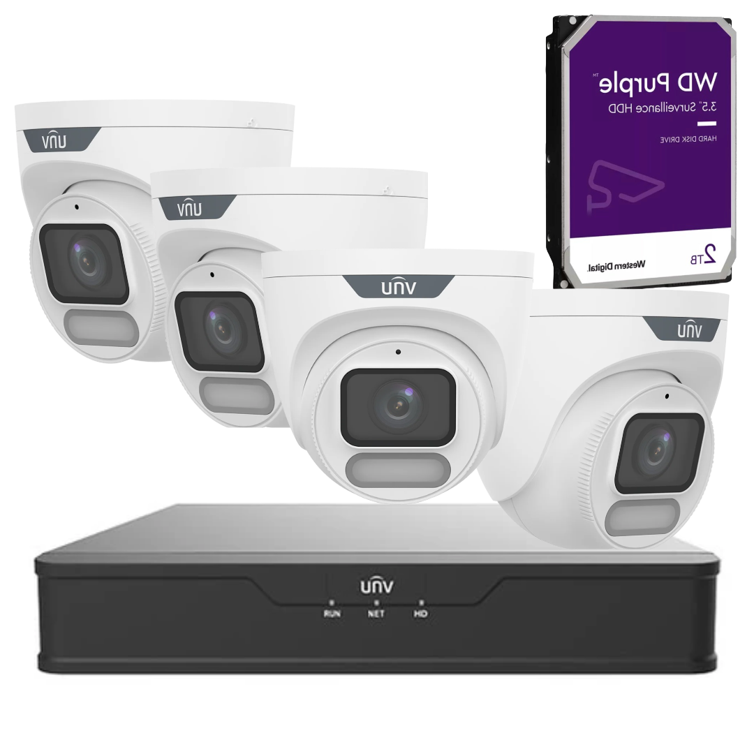 Uniview 6MP ColorHunter CCTV Security Kit – 4x IPC3626LE-ADF28K-WP OwlView Turret Cameras, NVR301-04B-P4-IQ 4 Channel PoE NVR & 2TB Surveillance HDD