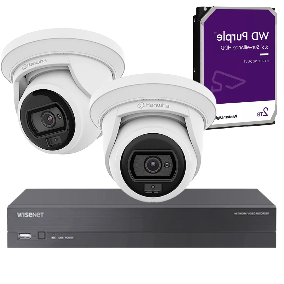 Wisenet Hanwha Vision 4MP Full-Colour CCTV Kit – 2x CT-ANE-L7012L Flateye Cameras, CT-ARN-410S 4-Channel PoE NVR & 2TB Surveillance HDD