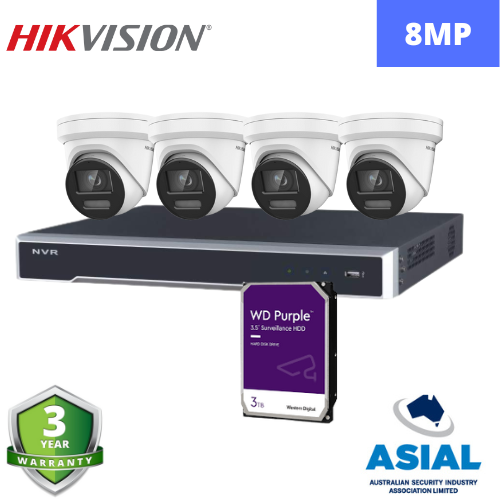Hikvision DS-2CD2387G2-LU 8MP 4x कैमरे 4 चैनल NVR + 3TB HDD सीसीटीवी किट के साथ 