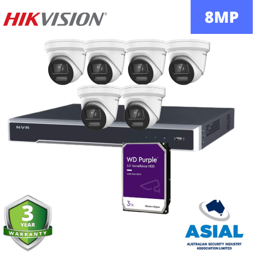 Hikvision DS-2CD2387G2-LU 8MP 6x कैमरे 8x चैनल NVR + 3TB HDD सीसीटीवी किट के साथ 