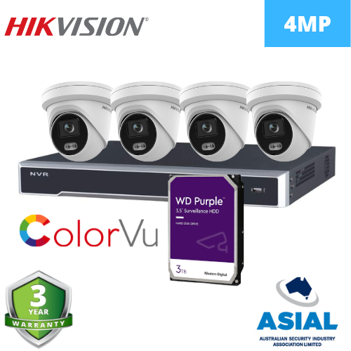 Hikvision DS-2CD2347G2-LU 4MP 4x कैमरा 4 चैनल NVR + 3TB HDD सीसीटीवी किट के साथ
